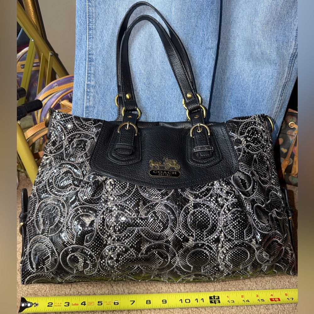 Coach Signature Embossed Tote Bag 14578 Black Gray Leather Trim Gold Hardware - Picture 10 of 17